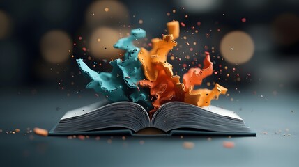 Poster - An open book representing knowledge and information emanates vibrant abstract data streams that flow into and shape a complex technology driven city landscape