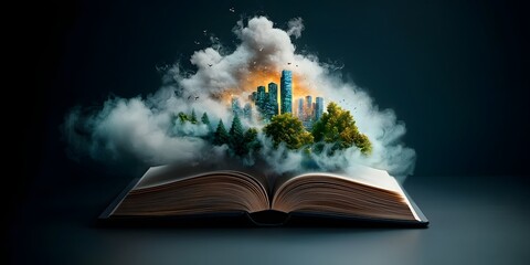 Poster - An open book reveals a surreal data driven cityscape with towering skyscrapers surrounded by clouds and a moody cinematic atmosphere