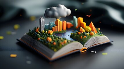 Poster - An open book serving as a gateway to a vibrant data driven city landscape representing the convergence of knowledge urban environments and digital innovation