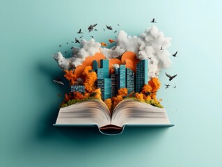 Poster - An open book unveiling a dynamic vibrant cityscape filled with futuristic skyscrapers and data visualizations representing the convergence of knowledge metropolitan environments and digital progress