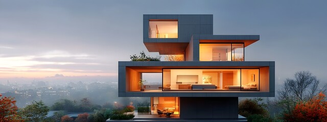 Poster - architectural rendering showcasing the facade and amenities of a sophisticated modular apartment bui