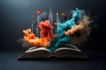 Poster - Colorful streams of data visualizations flowing from an open book intertwining with the towering skyscrapers of a modern technologically advanced city