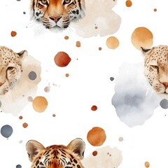 Poster - Wildlife Wonders: An artful display showcasing the magnificent faces of jaguars and leopards, interspersed with gentle watercolor splashes of color, creating a seamless pattern.