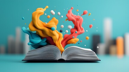 Poster - Conceptual depicting vibrant data visualization ribbons flowing out of an open book interacting with a futuristic cityscape symbolizing the intersection of digital innovation knowledge