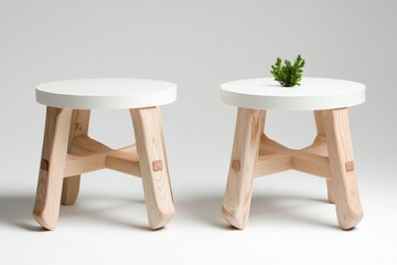 Poster - Minimalist Stools with Plant: Two elegant minimalist stools with natural wooden legs, one adorned with a small vibrant plant, creating a serene and contemporary aesthetic.