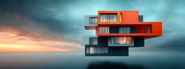 Poster - conceptual rendering of a futuristic minimalist urban apartment complex featuring sleek glass and st