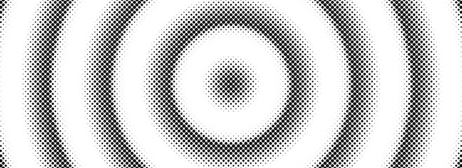 Poster - Halftone circle background. Radial comic target texture. Black and white dotted circular gradient. Fading rough dot epicenter wallpaper concept. Vector grunge round pop art rasterized backdrop