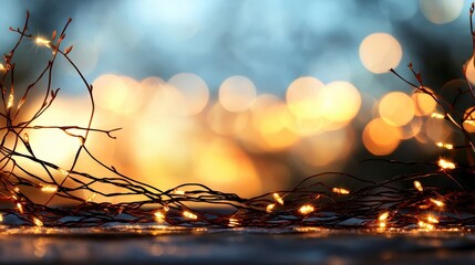 Poster - Twinkling lights ambiance: Enchanting strings of fairy lights, gently illuminate branches, casting a soft, warm glow across a blurred, bokeh background.