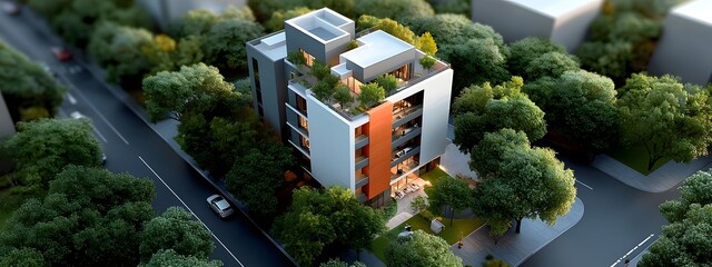 Poster - Detailed 3D modeling and engineering schematics showcase the design of a lavish state of the art residential development with modern amenities and lush landscaping in a contemporary urban setting