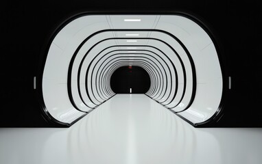 Poster - Abstract futuristic tunnel, white and black pixel art style, receding perspective, glowing lights, dark background, clean lines, geometric shapes, digital art, modern architecture, empty space, no