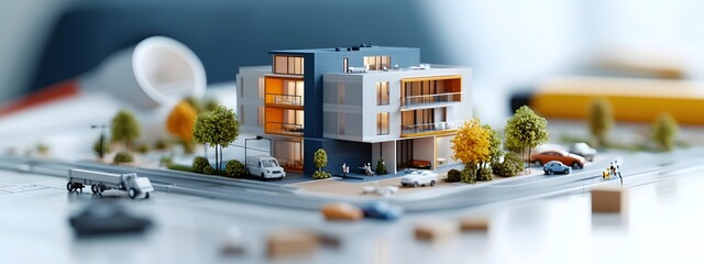 Poster - detailed 3d rendering of a blueprint for a modern minimalist highrise apartment complex showcasing t