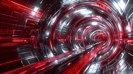 Poster - Dynamic red digital tunnel futuristic background wallpaper technology environment abstract viewpoint visualizing sustainable tech