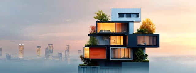 Poster - detailed 3d visualization of a sleek high rise apartment building with a striking geometric facade s