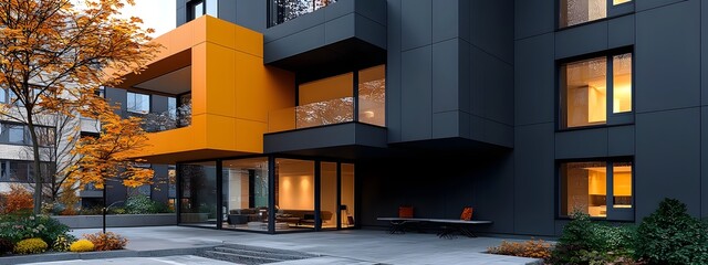 Poster - Detailed architectural design of a contemporary urban apartment complex featuring a striking metal and glass exterior facade with intricate structural elements and minimalist futuristic aesthetics