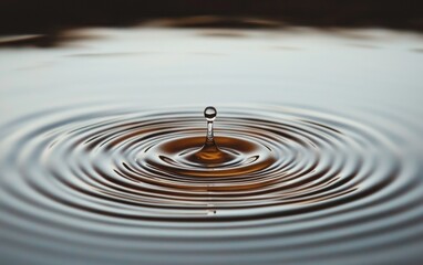 Poster - Close-up of a water droplet falling into still water, creating concentric ripples. The water appears calm and dark, reflecting light in an amber hue. The focus is sharp on the droplet and the