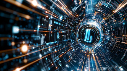 Fototapete - Dynamic digital tunnel exploration virtual environment abstract visuals futuristic perspective technology concept