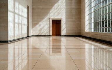Poster - Sunlit modern interior with polished floor, wooden door, and large windows.  Light streams through creating dramatic shadows on the walls. Minimalist and spacious