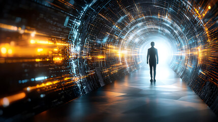Poster - Exploring the digital realm a journey through a futuristic tunnel virtual world sci-fi environment unique perspective