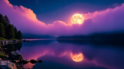 Wall Mural - Tranquil Moonlit Lake Reflecting the Celestial Glow of a Serene Night