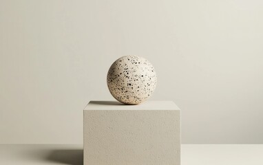 Poster - Beige sphere with black speckles rests on a textured cube against a neutral background.  Minimalist product display or abstract art concept. Simple and clean aesthetic