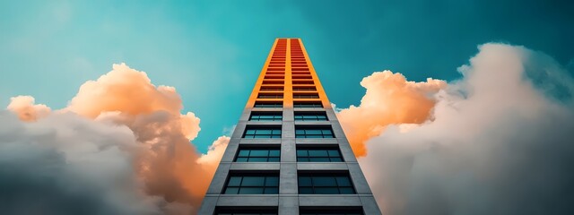 Poster - Dramatic visualization of a towering futuristic skyscraper with a bold angular glass and concrete facade evoking a sense of innovation and dynamism in the bustling metropolitan skyline