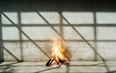 Poster - Small bonfire burning brightly against a textured off-white wall with geometric shadow patterns cast by a window. Warm firelight illuminates the scene