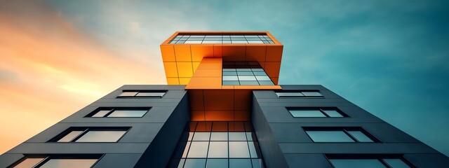 Poster - Futuristic architectural design of a sleek angular modern residential highrise with a geometric glass facade showcasing a clean