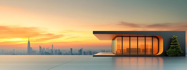 Poster - Futuristic rendering of a sleek minimalist office building with geometric forms and glass facades overlooking an urban skyline at sunset