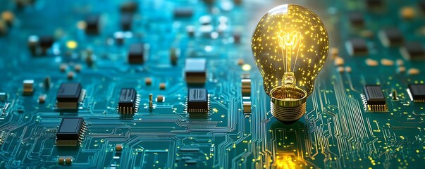 Aufkleber - A glowing light bulb with digital circuits, representing the fusion of ideas and technology, against a bold blue background, futuristic design, ultradetailed, highresolution