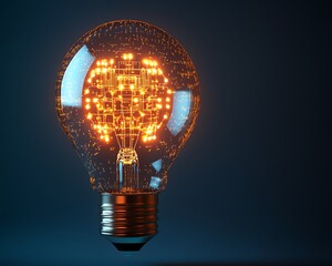 Poster - A light bulb glowing with intricate digital circuits, symbolizing technological advancement and innovation, set against a deep blue background, highresolution, modern digital art