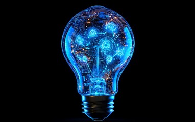 Poster - A blue light bulb with digital circuits and AIgenerated designs, representing the future of technology and creativity, glowing neon effects, modern digital style, highresolution