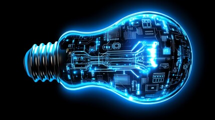 Poster - A glowing light bulb integrated with digital circuits, symbolizing creative innovation and technology, set against a dynamic blue background, ultrarealistic, highdefinition