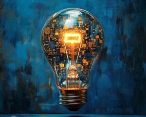 Leinwandbilder - A glowing light bulb with embedded digital circuits, representing technological innovation and bright ideas, set against a blue backdrop, ultradetailed, highresolution
