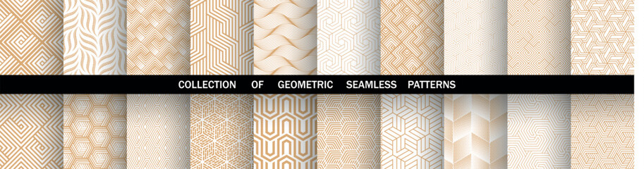 Fototapete - Geometric set of seamless golden and white patterns. Simple vector graphics