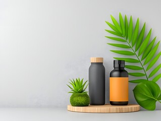 Poster - Refined arrangement of sustainable product packaging simple geometric shapes and muted colors with emphasis on recyclable or biodegradable materials in a clean natural setting