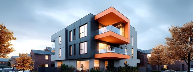 Poster - rendering of a modern multistory apartment complex with a sleek minimalist facade bold contrasting c