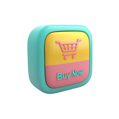 Poster - Minimalist 3D of a turquoise and yellow shopping cart icon with a prominent Buy Now button representing e commerce and online retail