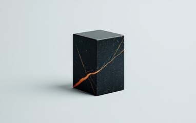 Poster - Black cube with gold veining on a light gray background.  Digital rendering of a minimalist geometric shape. 