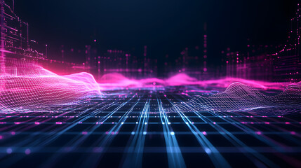 Poster - Abstract data flow wallpaper glowing lines depicting connections in an urban background environment