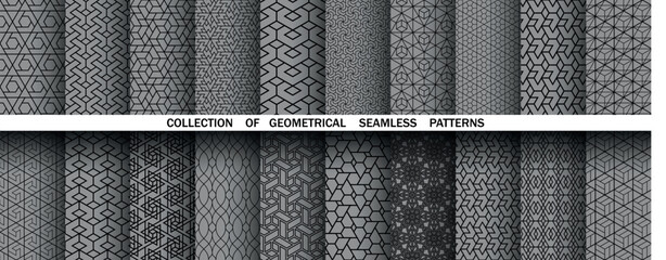 Fototapete - Geometric set of seamless black and gray patterns. Simple vector graphics