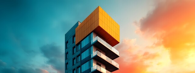 Poster - Striking and innovative architectural rendering showcasing the bold angular design of a luxury highrise building set against a dramatic urban skyline and vibrant sunset
