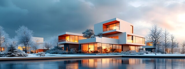 Poster - Striking architectural rendering showcasing a high end contemporary apartment complex with a sleek minimalist aesthetic and luxurious amenities overlooking a serene winter landscape