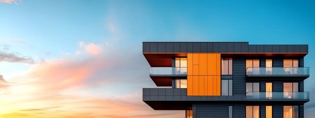 Poster - striking architectural rendering showcasing a sleek angular apartment high rise with a bold geometri