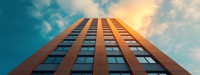 Poster - towering modern high rise luxury apartments feature an elegant symmetrical facade constructed with c