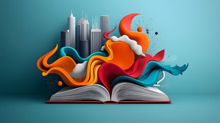 Poster - Vibrant data streams pour forth from an open book blending with a dynamic cityscape to create a visually striking that explores the intersection of education technology and cognitive abstraction
