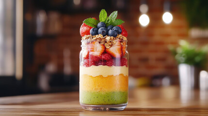 Aufkleber - vibrant smoothie jar with layered fruits including kiwi, mango, and berries, topped with granola and mint, sits on wooden table in cozy setting