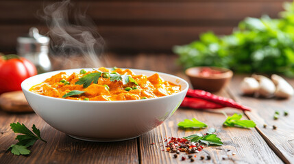 Poster - steaming bowl of curry garnished with fresh herbs sits on rustic wooden table, surrounded by vibrant ingredients like tomatoes and chili peppers, creating warm and inviting scene
