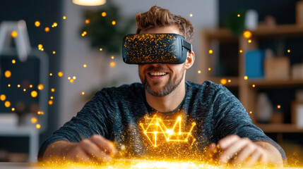 Poster - man wearing virtual reality goggles is immersed in digital experience, interacting with glowing augmented reality elements. scene conveys excitement and innovation