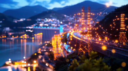 Fototapete - futuristic night view of hydroelectric dam with vibrant lights illuminating surrounding landscape, power lines, and distant mountains, creating mesmerizing scene