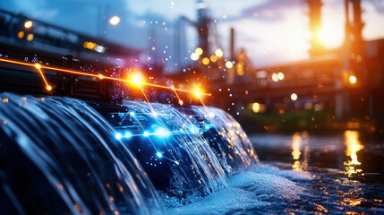 Aufkleber - futuristic hydroelectric station with glowing digital elements and flowing water at sunset, showcasing advanced technology and sustainable energy